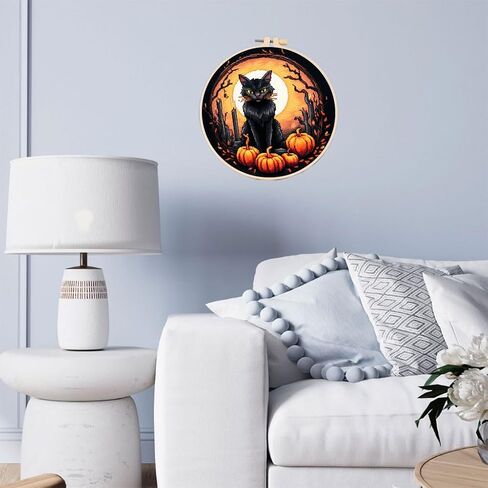 DIY Cross Stitch Kits Black Cat Halloween سهلة للمبتدئين مع Hoop 11ct Needlepoint Embroidery counted Cross Stitch Set Craft Wall Decor 20x20cm (2) in Saudi Arabia