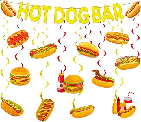 Clabby 23 Pcs Hot Dog Bar Party Decorations Hot Dog Bar Banner with Hanging Swirls Decor for Sausage Food Birthday Baby Shower Party Decoration Supplies in Saudi Arabia
