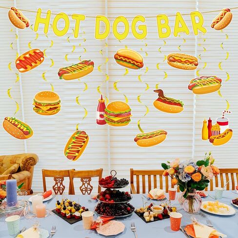 Clabby 23 Pcs Hot Dog Bar Party Decorations Hot Dog Bar Banner with Hanging Swirls Decor for Sausage Food Birthday Baby Shower Party Decoration Supplies in Saudi Arabia