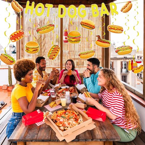 Clabby 23 Pcs Hot Dog Bar Party Decorations Hot Dog Bar Banner with Hanging Swirls Decor for Sausage Food Birthday Baby Shower Party Decoration Supplies in Saudi Arabia