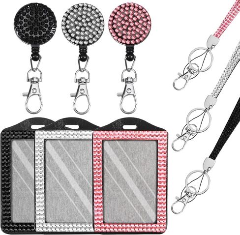 3 PCS Rhinestone Bling Lanyard مع حامل شارة الهوية ، حبل الراينستون لشارات الهوية Diamond Crystal Idcard حامل الكريستال الشارة القابلة للسحب الشحرة مع حلقة رئيسية ومشبك المعادن in Saudi Arabia