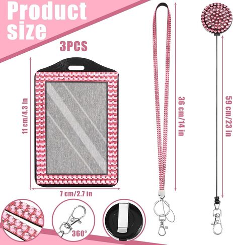 3 PCS Rhinestone Bling Lanyard مع حامل شارة الهوية ، حبل الراينستون لشارات الهوية Diamond Crystal Idcard حامل الكريستال الشارة القابلة للسحب الشحرة مع حلقة رئيسية ومشبك المعادن in Saudi Arabia