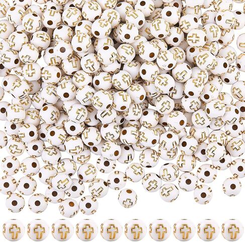 1 Box 800PCS 8MM White Gold Round Crucifix Cross Beads with Holes Christian Blessed Spacer Acrylic Charms Loose Bead Bulk for Jewelry Making Bracelets Necklace DIY Craft Supplies in Kuwait