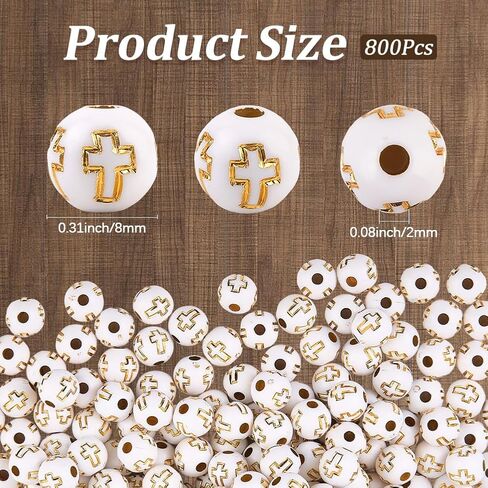 1 Box 800PCS 8MM White Gold Round Crucifix Cross Beads with Holes Christian Blessed Spacer Acrylic Charms Loose Bead Bulk for Jewelry Making Bracelets Necklace DIY Craft Supplies in Kuwait