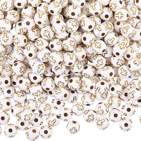 1 Box 800PCS 8MM White Gold Round Crucifix Cross Beads with Holes Christian Blessed Spacer Acrylic Charms Loose Bead Bulk for Jewelry Making Bracelets Necklace DIY Craft Supplies in Kuwait