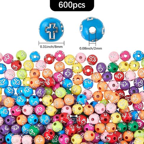 1 Box 800PCS 8MM White Gold Round Crucifix Cross Beads with Holes Christian Blessed Spacer Acrylic Charms Loose Bead Bulk for Jewelry Making Bracelets Necklace DIY Craft Supplies in Kuwait