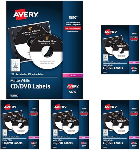 ملصقات أقراص مضغوطة Avery، باللون الأبيض غير اللامع، 250 ملصق أقراص مضغوطة و500 ملصق لعمود الفقري (5697) in Saudi Arabia
