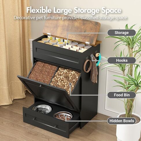 Dog Feeding Station with Storage Cabinet, Hidden Elevated Bowls for Medium & Large Dogs, Dog Food Cabinet Organizer with Hooks for Pet Supplies, Slow Feeder & Stainless Steel Bowls (Black) in Kuwait