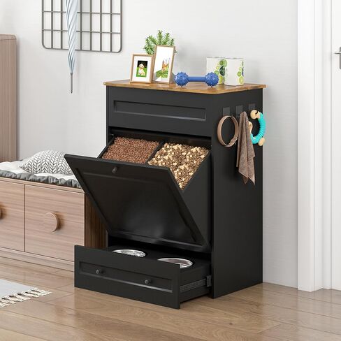 Dog Feeding Station with Storage Cabinet, Hidden Elevated Bowls for Medium & Large Dogs, Dog Food Cabinet Organizer with Hooks for Pet Supplies, Slow Feeder & Stainless Steel Bowls (Black) in Kuwait