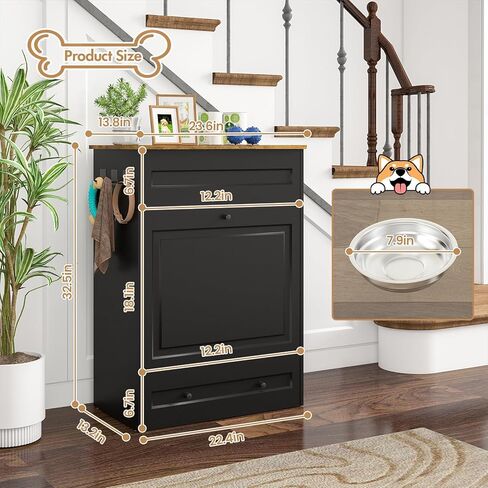 Dog Feeding Station with Storage Cabinet, Hidden Elevated Bowls for Medium & Large Dogs, Dog Food Cabinet Organizer with Hooks for Pet Supplies, Slow Feeder & Stainless Steel Bowls (Black) in Kuwait