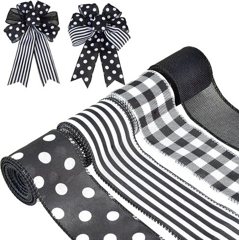Mupera 2.5 "× 20 ياردة Black & White Farmhouse الشريط السلكي - مخطط ريفي ، متقلب ، Polka Dot & Solid | مثالي للأبناء والأقواس ، غلاف الهدايا وحرف الزفاف in Kuwait