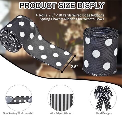 Mupera 2.5 "× 20 ياردة Black & White Farmhouse الشريط السلكي - مخطط ريفي ، متقلب ، Polka Dot & Solid | مثالي للأبناء والأقواس ، غلاف الهدايا وحرف الزفاف in Kuwait