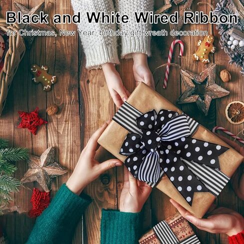 Mupera 2.5 "× 20 ياردة Black & White Farmhouse الشريط السلكي - مخطط ريفي ، متقلب ، Polka Dot & Solid | مثالي للأبناء والأقواس ، غلاف الهدايا وحرف الزفاف in Kuwait