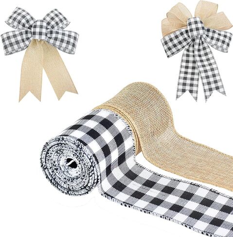 Mupera 2.5 "× 20 ياردة Black & White Farmhouse الشريط السلكي - مخطط ريفي ، متقلب ، Polka Dot & Solid | مثالي للأبناء والأقواس ، غلاف الهدايا وحرف الزفاف in Kuwait