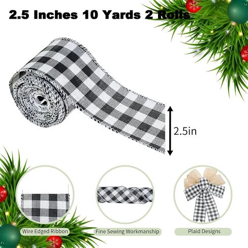 Mupera 2.5 "× 20 ياردة Black & White Farmhouse الشريط السلكي - مخطط ريفي ، متقلب ، Polka Dot & Solid | مثالي للأبناء والأقواس ، غلاف الهدايا وحرف الزفاف in Kuwait