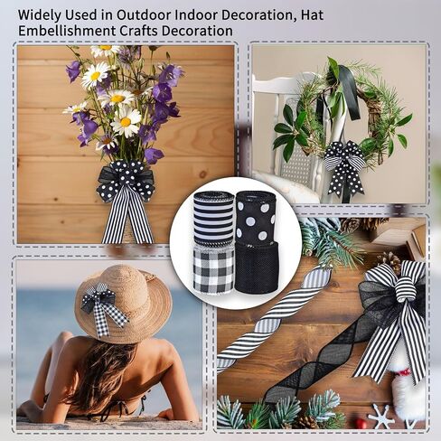 Mupera 2.5 "× 20 ياردة Black & White Farmhouse الشريط السلكي - مخطط ريفي ، متقلب ، Polka Dot & Solid | مثالي للأبناء والأقواس ، غلاف الهدايا وحرف الزفاف in Kuwait