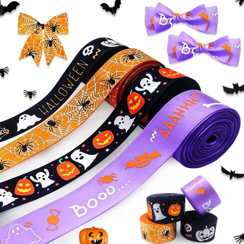 4 PCS Halloween Ribbons - شرائط الحرف الساتان ، 4/5 "عريض ، أسود وبرتقالي ، عنكبوت يقطن مطبوع in Saudi Arabia
