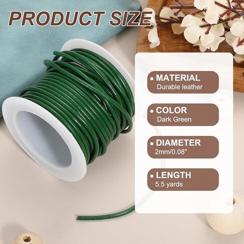 MECCANIXITY Round Leather String Cord, 5.5 Yards/ 5 m Genuine Cowhide Leather Bolo Tie Cord Wax Rope for Jewelry Making Bracelet Necklace DIY Crafts (Dark Green, 2mm/0.08") in Saudi Arabia