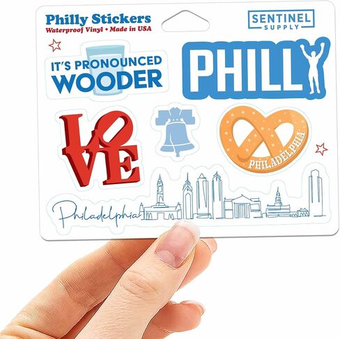 Philly Sticker Sheet - Set of 6 Mini Philadelphia Decals for Hydroflask Water Bottle - Wooder, Rocky, Love Park, Liberty Bell, Pretzel, & Center City Skyline in Saudi Arabia
