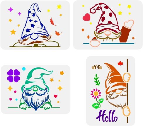 Fingerinspire 4 pcs gnomes gnomes اللوحة stencil 8.3x11.7inch gnomes قابلة لإعادة الاستخدام نمط الرسم قالب النجوم الزخرفية القلوب يترك DIY Art Dwarfs stencil للطلاء على أثاث الجدار الخشبي in Saudi Arabia
