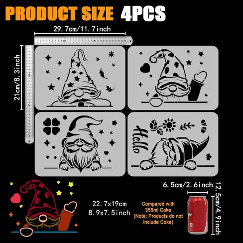 Fingerinspire 4 pcs gnomes gnomes اللوحة stencil 8.3x11.7inch gnomes قابلة لإعادة الاستخدام نمط الرسم قالب النجوم الزخرفية القلوب يترك DIY Art Dwarfs stencil للطلاء على أثاث الجدار الخشبي in Saudi Arabia