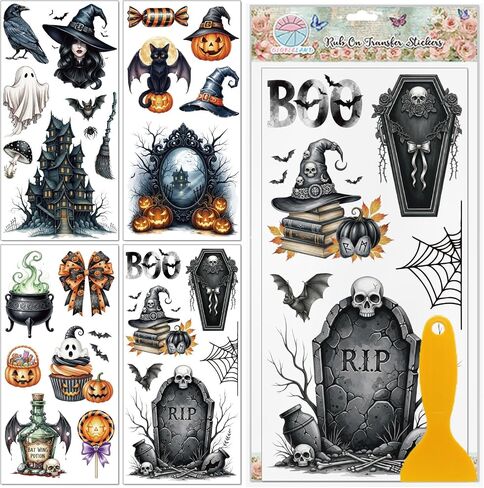 GLOBLELAND 4 Sheets Witchcraft Rub on Transfers Magical Hat Furniture Decor Transfers Mushrooms Skulls Books Decal Transfers Stickers for Bedroom Living Room Desk Table Decoration in Saudi Arabia