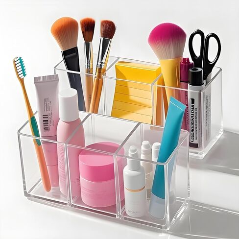 Acrylic Makeup Brush Holder, 2 Pack Clear Pencil Holder, Desk Accessories Holder with 3 Compartments, Brush Organizer for Vanity, Desk, Cosmetic Display in Saudi Arabia