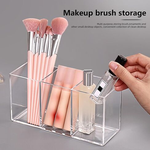 Acrylic Makeup Brush Holder, 2 Pack Clear Pencil Holder, Desk Accessories Holder with 3 Compartments, Brush Organizer for Vanity, Desk, Cosmetic Display in Saudi Arabia