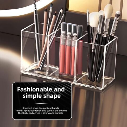 Acrylic Makeup Brush Holder, 2 Pack Clear Pencil Holder, Desk Accessories Holder with 3 Compartments, Brush Organizer for Vanity, Desk, Cosmetic Display in Saudi Arabia