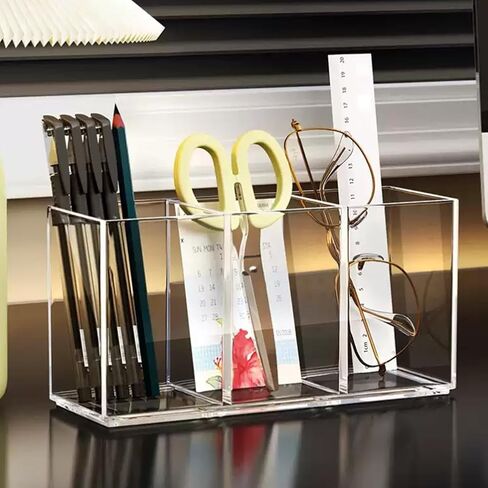 Acrylic Makeup Brush Holder, 2 Pack Clear Pencil Holder, Desk Accessories Holder with 3 Compartments, Brush Organizer for Vanity, Desk, Cosmetic Display in Saudi Arabia