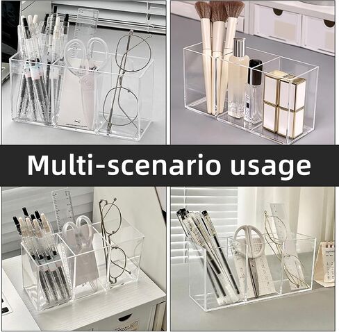 Acrylic Makeup Brush Holder, 2 Pack Clear Pencil Holder, Desk Accessories Holder with 3 Compartments, Brush Organizer for Vanity, Desk, Cosmetic Display in Saudi Arabia