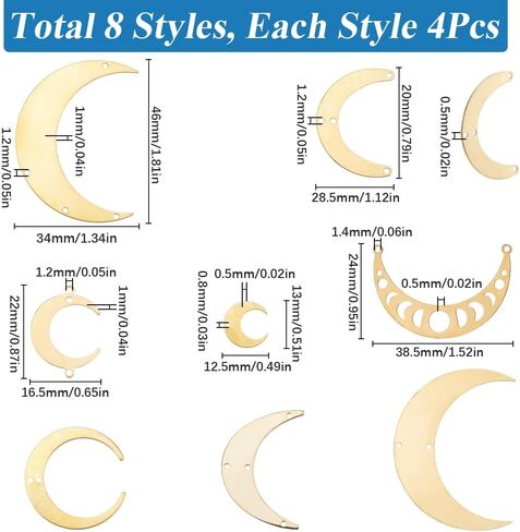Sunnyclue 1 Box 32pcs 8 Styles Crescent Moon Connector Charm Brass Connector Charms with Hroles Gold Hollow Nollow يربط الموصلات السحر لجمع المجوهر in Saudi Arabia