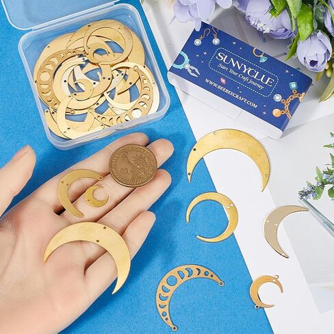 Sunnyclue 1 Box 32pcs 8 Styles Crescent Moon Connector Charm Brass Connector Charms with Hroles Gold Hollow Nollow يربط الموصلات السحر لجمع المجوهر in Saudi Arabia