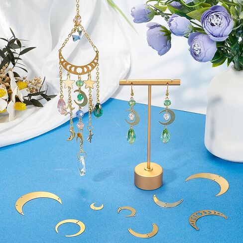 Sunnyclue 1 Box 32pcs 8 Styles Crescent Moon Connector Charm Brass Connector Charms with Hroles Gold Hollow Nollow يربط الموصلات السحر لجمع المجوهر in Saudi Arabia