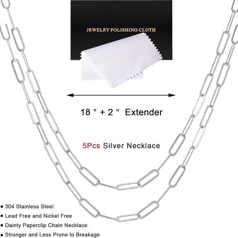10 Pcs Paperclip Chain Necklace for Women 18 Inch Stainless Steel Gold Silver Charm Necklace Chains Adjustable Link Chains with Lobster Clasps Polishing Cloth for DIY Women Jewelry Making Supplies in Kuwait