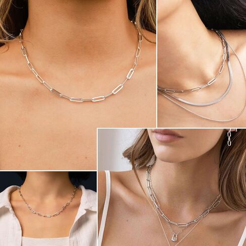 10 Pcs Paperclip Chain Necklace for Women 18 Inch Stainless Steel Gold Silver Charm Necklace Chains Adjustable Link Chains with Lobster Clasps Polishing Cloth for DIY Women Jewelry Making Supplies in Kuwait