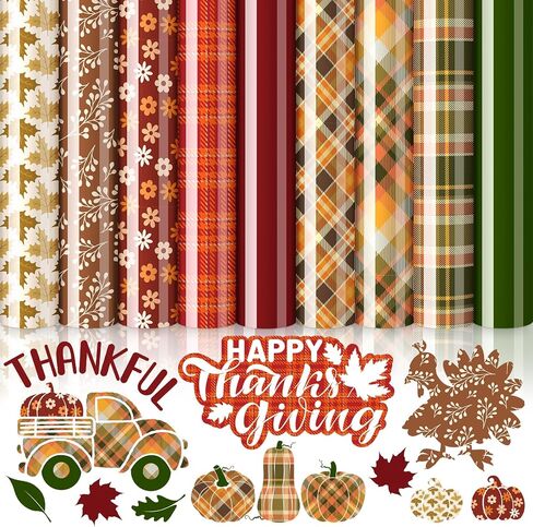 Whaline 9 Sheet Fall Heat Transfer Vinyl Buffalo Plaid Iron on Vinyl Red Green Orange Autumn Leaves Flowers Printed HTV Adhesive Craft Vinyl for Clothing Costume DIY Fabric Craft, 9.6 x 11.8 Inch in Saudi Arabia