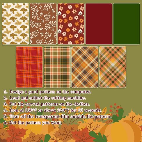 Whaline 9 Sheet Fall Heat Transfer Vinyl Buffalo Plaid Iron on Vinyl Red Green Orange Autumn Leaves Flowers Printed HTV Adhesive Craft Vinyl for Clothing Costume DIY Fabric Craft, 9.6 x 11.8 Inch in Saudi Arabia