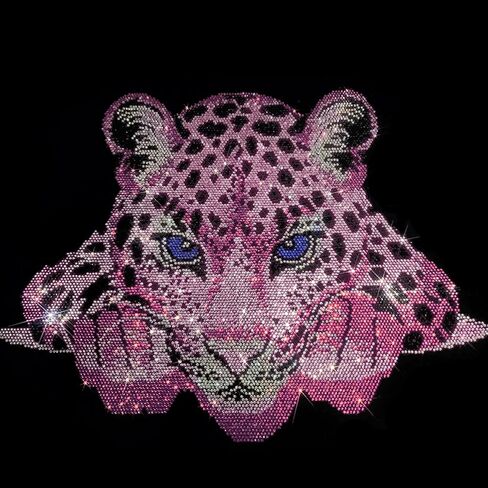 Leopard Rhinestone Patch Iron-On, Pink Black Blue Leopard Face Decor, DIY Craft Embellishment for Jackets Jeans Bags 14.9'' x 11.61'' in Saudi Arabia
