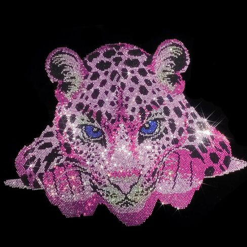 Leopard Rhinestone Patch Iron-On, Pink Black Blue Leopard Face Decor, DIY Craft Embellishment for Jackets Jeans Bags 14.9'' x 11.61'' in Saudi Arabia