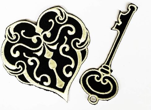 Set 2 Key Door Lock Heart Black Cartoon Iron on Patch Jacket T Shirt Patch Sew 3X3 in 1.2/8X3.3/8 in MEGADEE Embroidered Iron on Hat Jacket Hoodie Backpack Ideal for Gift (Kingdom of Hearts 007) in Saudi Arabia