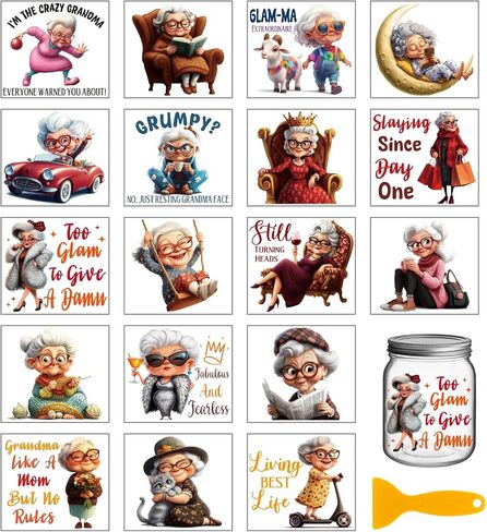GLOBLELAND 18 Sheets Funny Old Lady Transfer Stickers 3.9x3.6inch Elderly Person Colorful Decal Grandma Rub on Transfer for Furniture Vase Glass Art Crafts Decorations in Saudi Arabia