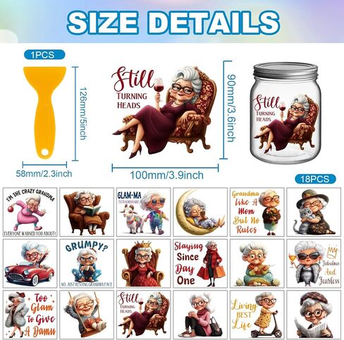 GLOBLELAND 18 Sheets Funny Old Lady Transfer Stickers 3.9x3.6inch Elderly Person Colorful Decal Grandma Rub on Transfer for Furniture Vase Glass Art Crafts Decorations in Saudi Arabia