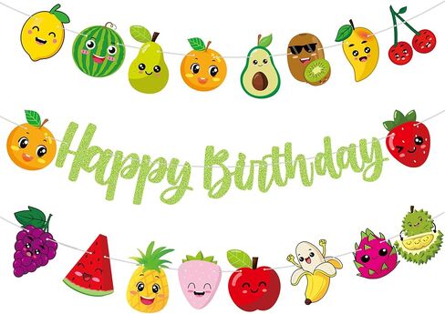 Fruit Birthday Party Banners Summer Fruit Glittery Green Happy Birthday Banners Strawberry Lemon Watermelon Peach Pattern Happy Birthday Party Hanging Decoration for Tutti Frutti Theme Birthday Party Supplies in Saudi Arabia