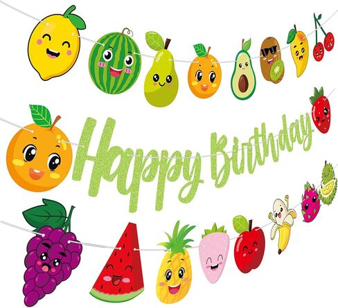 Fruit Birthday Party Banners Summer Fruit Glittery Green Happy Birthday Banners Strawberry Lemon Watermelon Peach Pattern Happy Birthday Party Hanging Decoration for Tutti Frutti Theme Birthday Party Supplies in Saudi Arabia