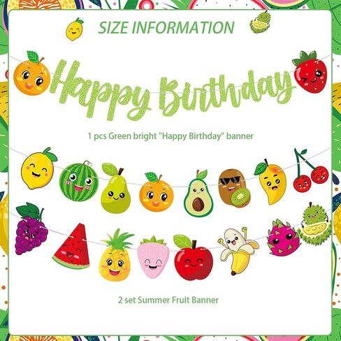 Fruit Birthday Party Banners Summer Fruit Glittery Green Happy Birthday Banners Strawberry Lemon Watermelon Peach Pattern Happy Birthday Party Hanging Decoration for Tutti Frutti Theme Birthday Party Supplies in Saudi Arabia