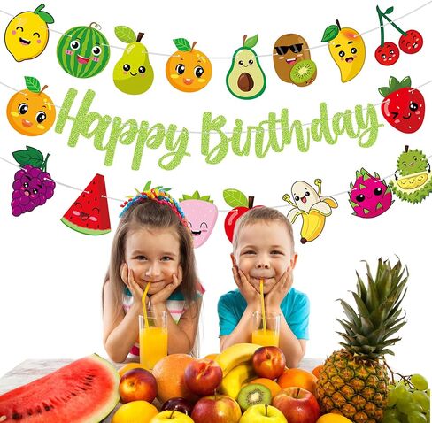 Fruit Birthday Party Banners Summer Fruit Glittery Green Happy Birthday Banners Strawberry Lemon Watermelon Peach Pattern Happy Birthday Party Hanging Decoration for Tutti Frutti Theme Birthday Party Supplies in Saudi Arabia