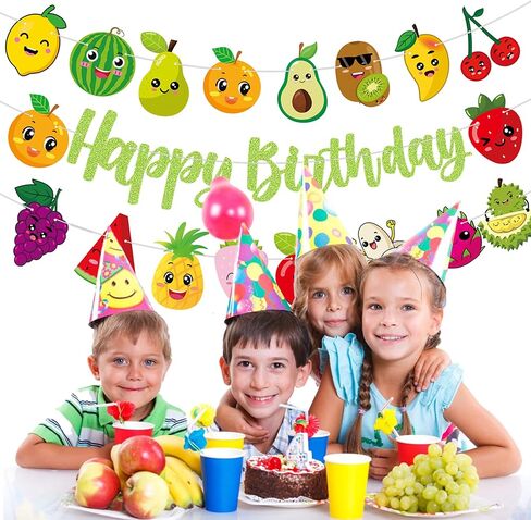 Fruit Birthday Party Banners Summer Fruit Glittery Green Happy Birthday Banners Strawberry Lemon Watermelon Peach Pattern Happy Birthday Party Hanging Decoration for Tutti Frutti Theme Birthday Party Supplies in Saudi Arabia
