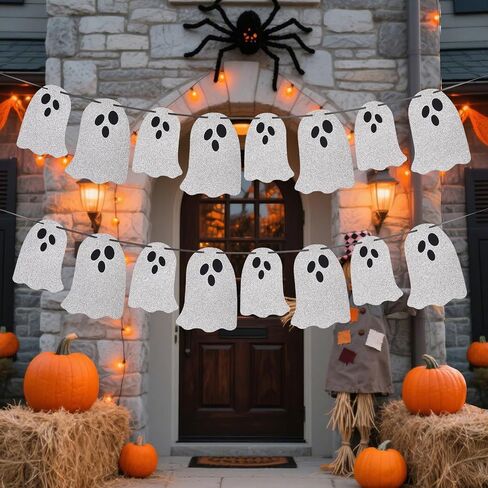 (2 Packs) White Glitter Halloween Hanging Ghost Banner - Ideal for Halloween Party, Indoor & Outdoor Home Decor with Garland and Banner Styles in Saudi Arabia
