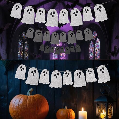 (2 Packs) White Glitter Halloween Hanging Ghost Banner - Ideal for Halloween Party, Indoor & Outdoor Home Decor with Garland and Banner Styles in Saudi Arabia